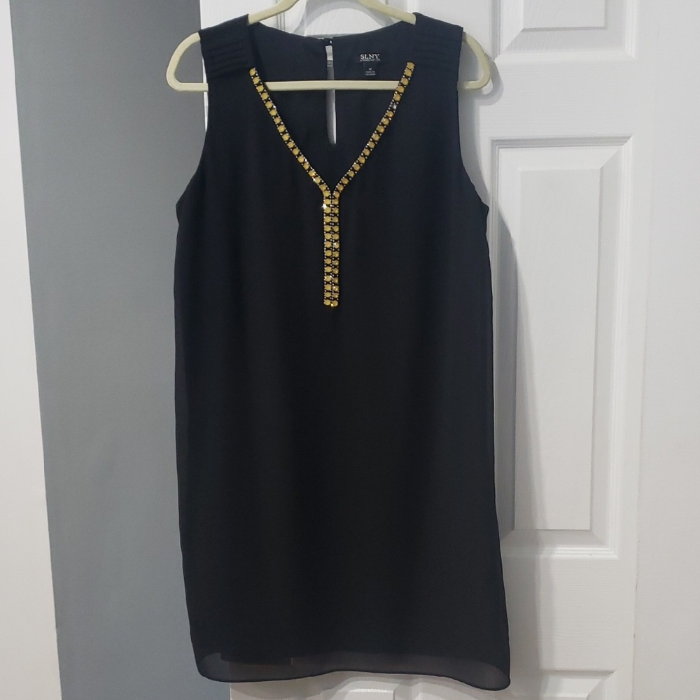 SLNY Black Mini Dress with Bead Detailing Rhinestones